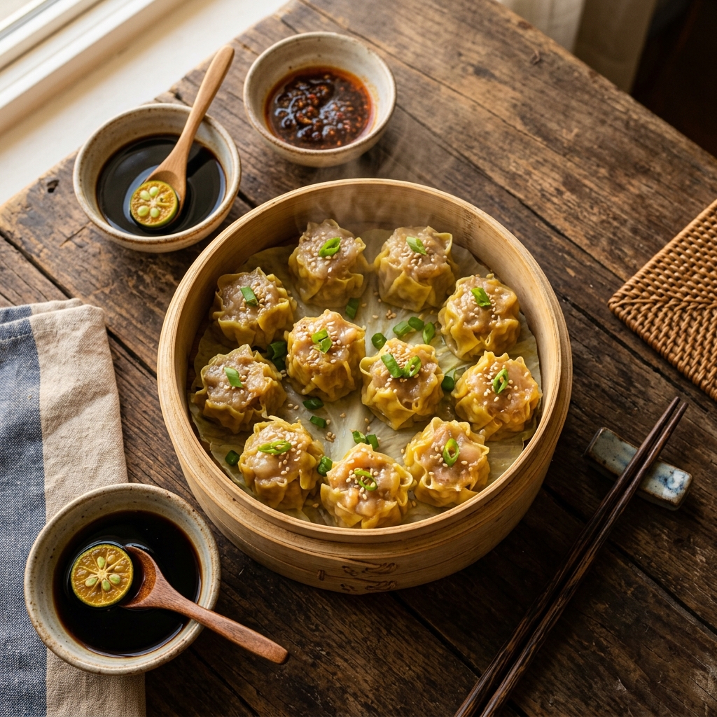 Freshly steamed Filipino siomai in a bamboo steamer